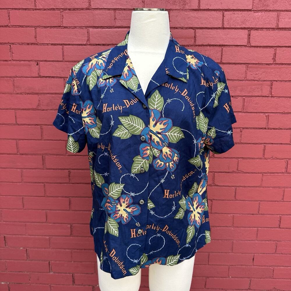 Vtg Harley Davidson Tori Richard Hawaiian Shirt Womens XL Motorcycle AOP USA